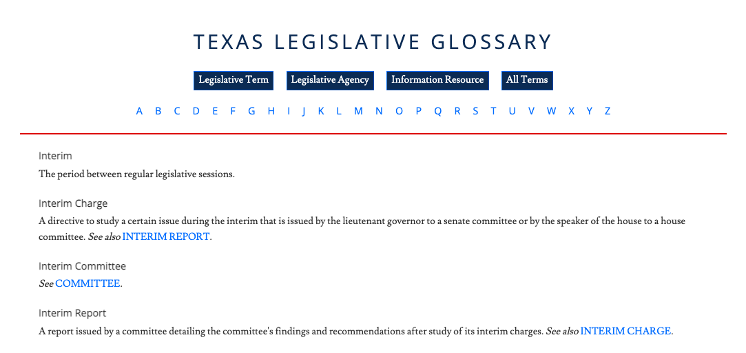Screengrab from Texas Legislative Glossary