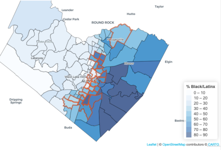 A screengrab from our Travis County possession of a controlled substance arrest visualization, mapping arrests against demographic data