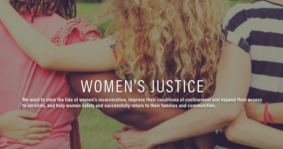 A screengrab of our women's justice page, showing women with their arms around each other