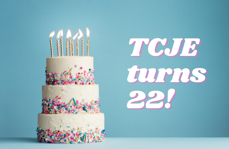 An image of a white cake on a blue background with text reading TCJE turns 22!