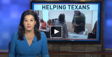 A news anchor speaks into the camera in front of a screen reading "Helping Texans"