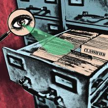 Illustration of a magnifying glass with an eye looking into an open filing cabinet with folders labeled "classified" and "violent conduct"