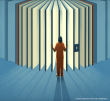 Illustration of woman looking through prison bars like the pages of a book